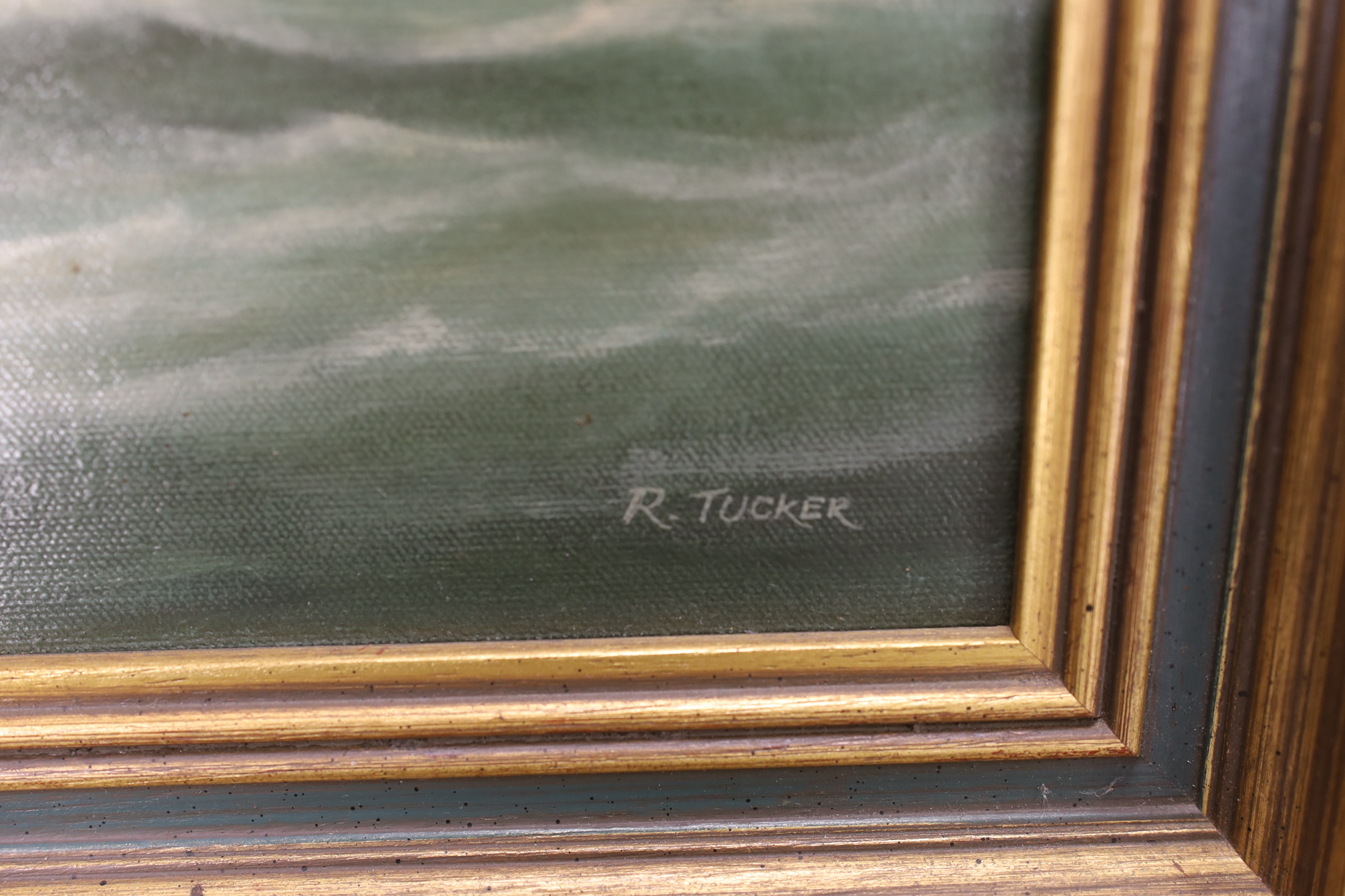 Robert Tucker of Sussex, a pair of oils on board, Shipping off the coast, signed, each 43cm x 38cm